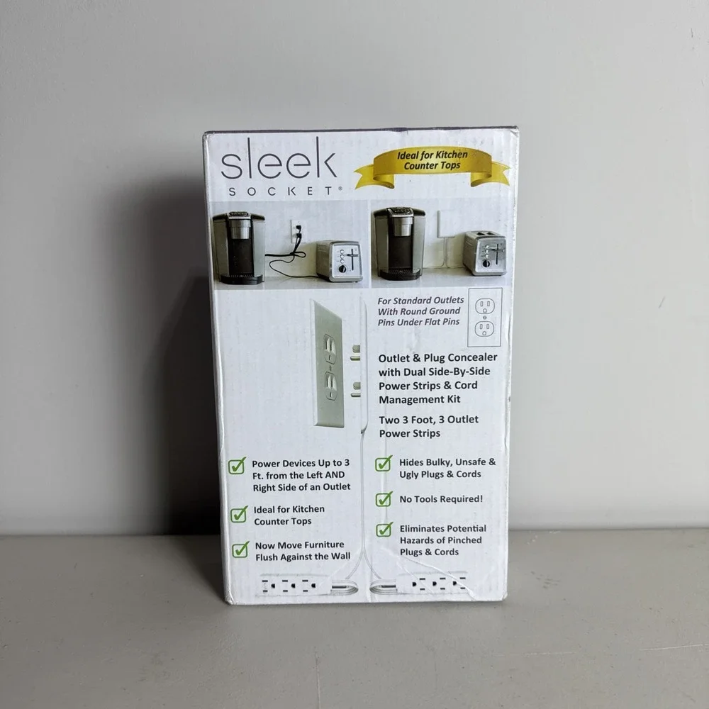 Sleek Socket Original & Patented Ultra-Thin Outlet 3 ft - Dual Cords, White